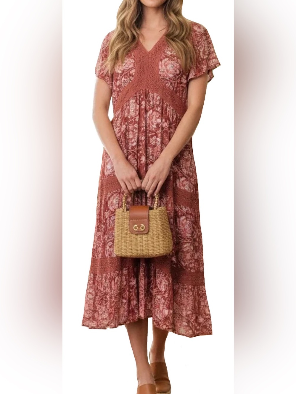 NEW Plus Size Nurture Westbound Crochet-Trim Midi Dress Vine Rose Rust $89